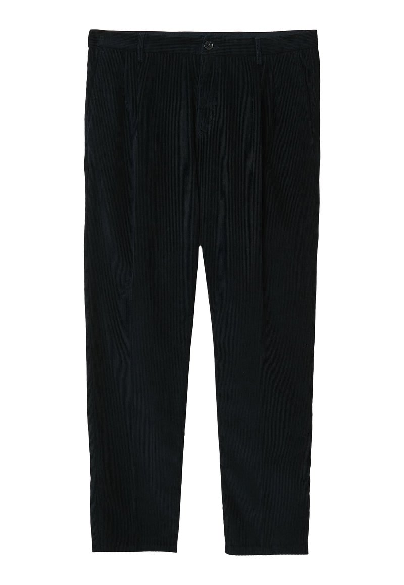 Pantaloni in velluto a coste neri con chiusura a bottone e passanti per cintura, vestibilità dritta, tasche frontali visibili, esposti su sfondo bianco.