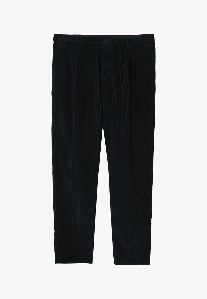 Pantaloni in velluto a coste neri con chiusura a bottone e passanti per cintura, vestibilità dritta, tasche frontali visibili, esposti su sfondo bianco.