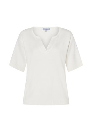 White short-sleeve knit top with a V-notch neckline and ribbed cuffs and hem, labeled "More & More."