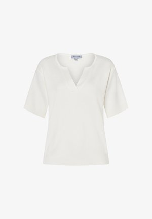 Weißes Strickoberteil mit kurzen Ärmeln, V-Ausschnitt mit Kerbe sowie gerippten Bündchen an Ärmel und Saum, mit der Aufschrift "More & More".