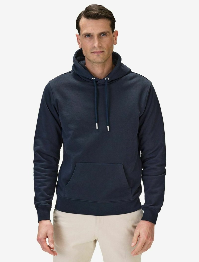 Mörkblå hoodie i bomullsblandning, med dragsko för huva, framficka och ribbade ärmslut och nederkant. Slät textur och åtsittande design.