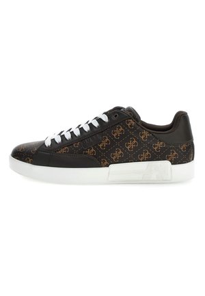 Sneaker nere con motivo del logo marrone, lacci bianchi e suola in gomma testurizzata. Presentano una tomaia in pelle e un collo imbottito per il comfort.