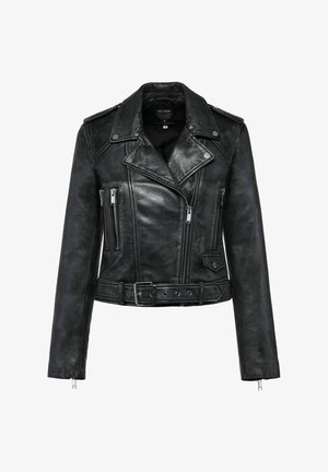 Czarna skórzana kurtka motocyklowa z zamykanymi kieszeniami, paskiem w talii, asymetrycznym zapięciem na zamek oraz pagonami na ramionach. Gładka faktura i dopasowany krój.