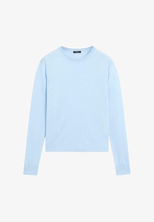 Hellblauer, langärmeliger Pullover aus weichem Strickstoff; Rundhalsausschnitt; gerippte Bündchen und Saum; schlichte Verarbeitung ohne Muster oder Verzierungen.