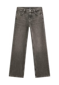 Wide-leg jeans in dark gray denim, featuring a classic five-pocket design, contrasting stitching, and a button fly closure.