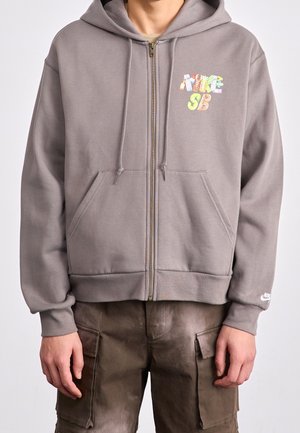 Personne portant un sweat à capuche gris zippé avec un logo coloré "NIKE SB" sur la poitrine et un logo Nike blanc sur la manche gauche, associée à un pantalon cargo marron.