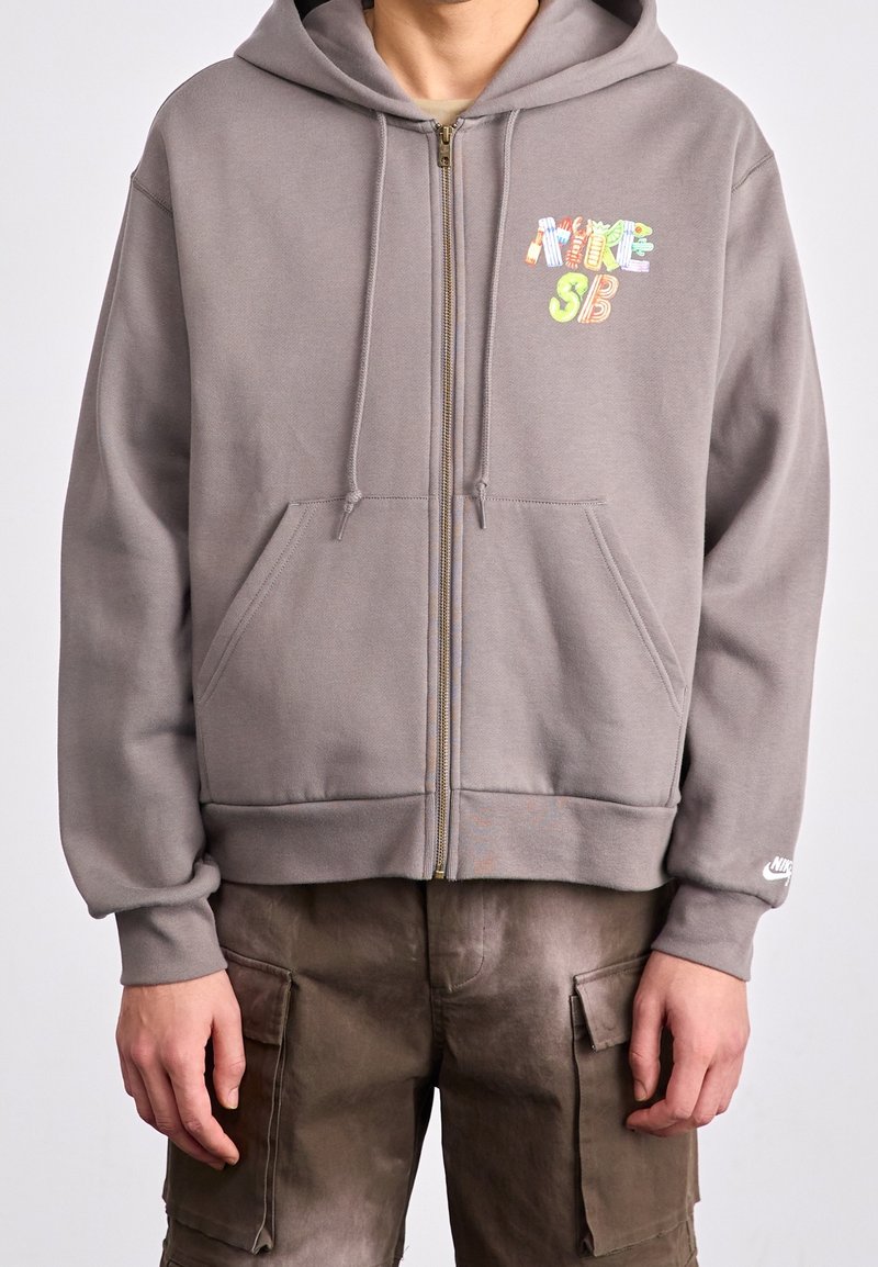 Personne portant un sweat à capuche gris zippé avec un logo coloré "NIKE SB" sur la poitrine et un logo Nike blanc sur la manche gauche, associée à un pantalon cargo marron.