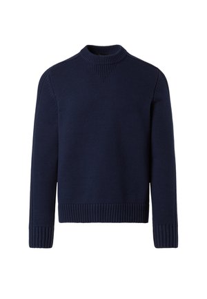 Maglione lavorato a maglia blu navy con collo a girocollo a costine, maniche lunghe e dettagli testurizzati sulle spalle e all'orlo. Design a vestibilità classica.