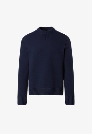 Pull en maille bleu marine avec un col rond côtelé, des manches longues et des détails texturés aux épaules et à l'ourlet. Design à coupe classique.