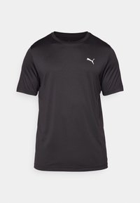 Black athletic t-shirt made of moisture-wicking fabric, round neck, short sleeves, featuring a small white logo on the left chest.
