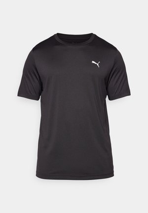 T-shirt atlético preto feito de tecido que repele a humidade, com gola redonda, mangas curtas, apresentando um pequeno logo branco no lado esquerdo do peito.