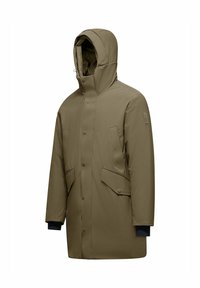 Khaki waterdichte parka met een hoge kraag en een verstelbare capuchon. Voorzien van grote voorzakken en elastische manchetten voor comfort en isolatie.