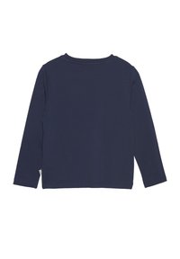 Langärmliges navy-blaues T-Shirt, Rundhalsausschnitt, aus weichem Stoff. Verfügt über ein einfaches Design ohne Muster oder Grafiken und zeigt Nähdetails.