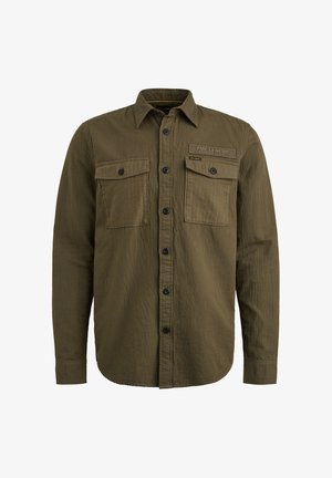 Olivno zeleni dolg rokav s teksturirano tkanino, sprednjimi gumbi, dvema žepoma na prsih in detajlom logotipa PME Legend na levi strani.