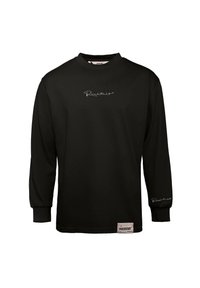 Zwarte lange mouwen shirt van katoen, met een ronde halslijn, geribd textuur, geborduurd logo in het wit, en een geweven label aan de zoom.