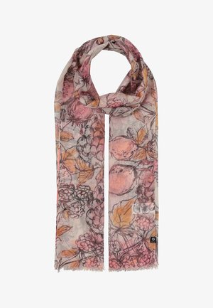 Lightweight scarf with pink, orange, and purple floral and fruit pattern, featuring delicate leaves and berries on a sheer fabric.