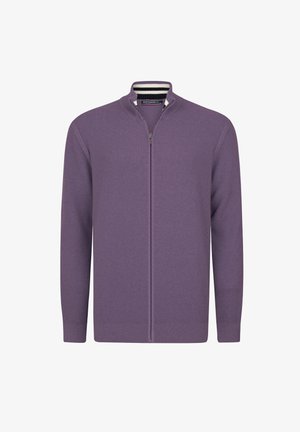 Cardigan tricoté violet à fermeture éclair, avec poignets et col côtelés, présentant un col intérieur rayé et une petite étiquette de marque à l'intérieur du col.