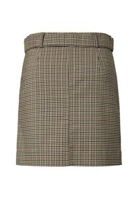 Brun og beige ternet mininederdel med en linning, der har subtile læg og en glat stofstruktur. Ingen lommer synlige.