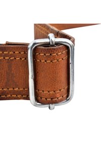 Brown leather belt with a silver rectangular buckle, featuring visible stitching and a smooth texture, showing a durable design.
