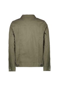 Olijfgroene jas van zachte stof, met lange mouwen, een kraag en zijwaartse knopen. Heeft een strakke, eenvoudige uitstraling zonder zichtbare patronen.