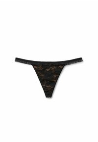 String noir en dentelle avec motifs floraux, une taille élastique avec des détails froncés, et un design sans couture pour le confort.