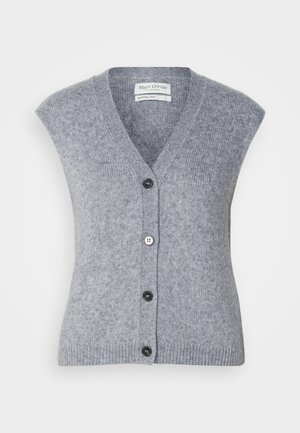 Grå cardigan med V-hals, korte ermer og knappestenging foran med mørke knapper og ribbestrikket kant. Laget av strukturert strikket materiale.