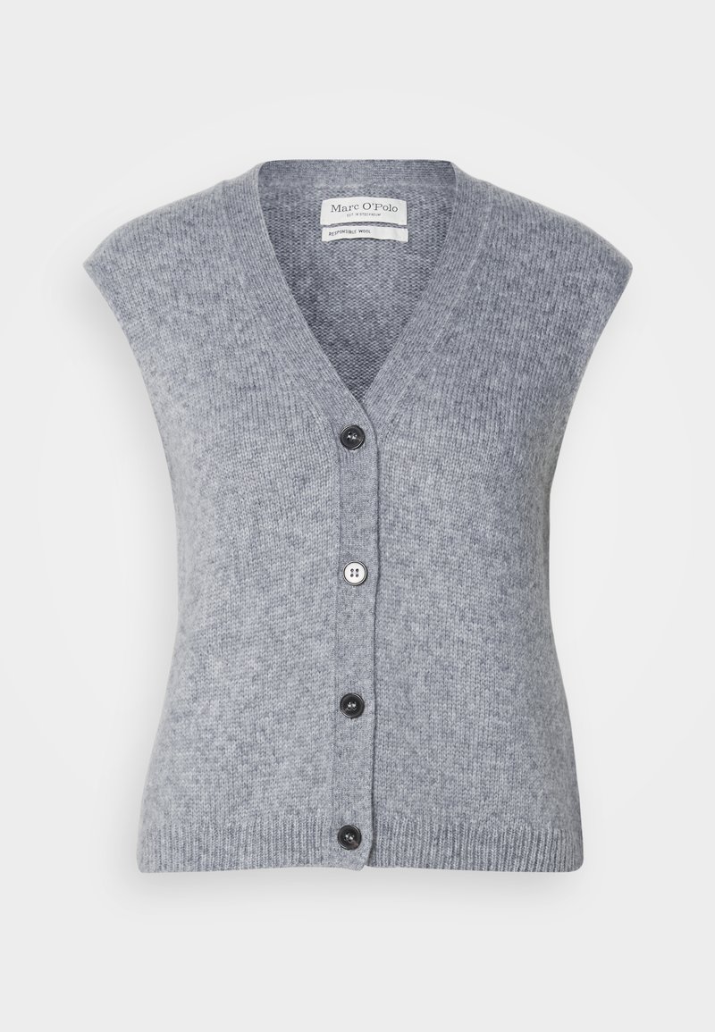 Grauer Cardigan mit V-Ausschnitt, kurzen Ärmeln und einer durchgehenden Knopfleiste mit dunklen Knöpfen und geripptem Saum. Hergestellt aus strukturiertem Strickstoff.