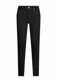 Jeans en denim noir avec une coupe slim, un design à cinq poches et des éléments en métal argenté sur le bouton et les surpiqûres des poches.