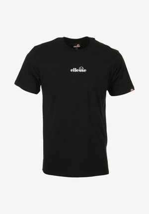 Camiseta de manga corta negra con el logo blanco de "ellesse" centrado en el pecho y un pequeño parche del logo en la manga izquierda.