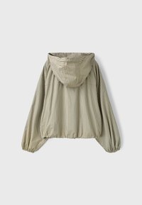 Veste légère à capuche avec poignets et ourlet élastiques, présentant un petit motif à carreaux beige, vert et bleu, vue de dos.