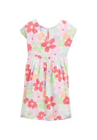 Robe fleurie avec un fond pastel clair orné de grandes fleurs roses, rouges, vertes et violettes, des manches courtes et une taille froncée.