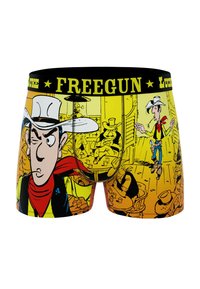 Boxers avec un design de dessin animé aux couleurs vives, jaune et orange. Le matériau est extensible avec une ceinture noire portant l'inscription "FREEGUN".