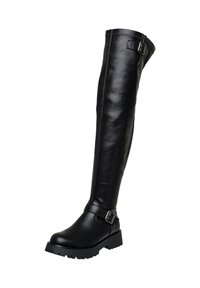 Botas de cuero negro hasta el muslo con puntera redondeada, suela de goma gruesa y detalle de hebilla lateral. Textura suave, diseño elegante.