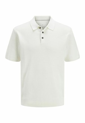 Weißes kurzärmliges, strukturiertes Strick-Poloshirt mit drei dunklen Knöpfen sowie geripptem Saum und Bündchen, dargestellt vor weißem Hintergrund.