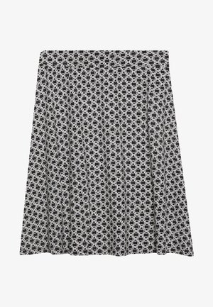 Zwarte rok met een herhalend wit kettingpatroon, met geplooid ontwerp en een aansluitende tailleband, gemaakt van zachte, lichte stof.