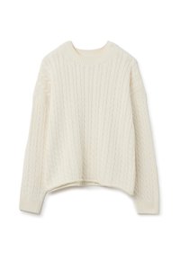 Texturiertes Creme-Kabelstrickpullover mit rundem Ausschnitt und lässigen Schultern, ausgestattet mit gerippten Bündchen und einem leicht verkürzten Saum.