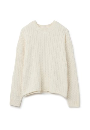 Texturiertes Creme-Kabelstrickpullover mit rundem Ausschnitt und lässigen Schultern, ausgestattet mit gerippten Bündchen und einem leicht verkürzten Saum.