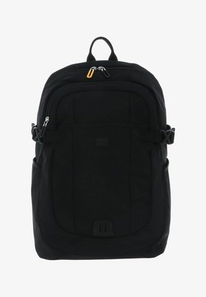 Sac à dos noir avec une texture lisse, deux compartiments zippés, des poches latérales et une sangle réglable. Design minimaliste sans logos visibles.