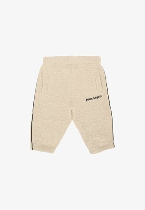Crèmekleurige fleecebroek met een zachte textuur, voorzien van zijzakken, een zwarte streep langs de zijkanten en het "Palm Angels" logo in het zwart.
