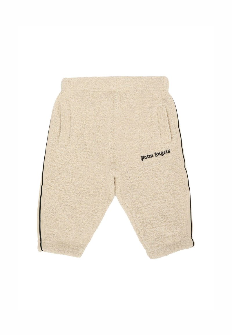 Crèmekleurige fleecebroek met een zachte textuur, voorzien van zijzakken, een zwarte streep langs de zijkanten en het "Palm Angels" logo in het zwart.