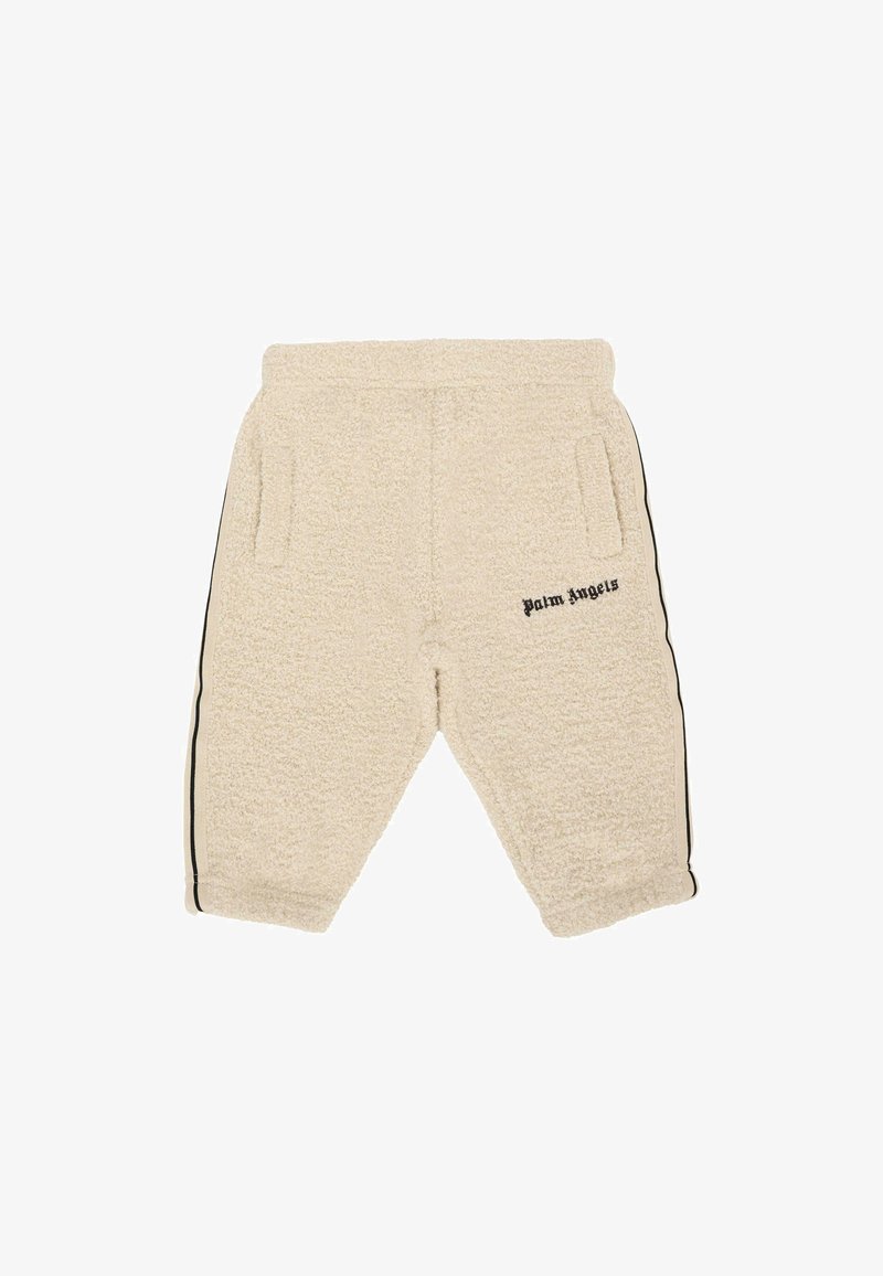 Crèmekleurige fleecebroek met een zachte textuur, voorzien van zijzakken, een zwarte streep langs de zijkanten en het "Palm Angels" logo in het zwart.
