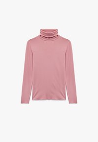 Długi rękaw golf w miękkim różowym materiale z luźnym kołnierzem, o minimalistycznym wzornictwie i prostym kroju. Bez wzorów i dodatków.