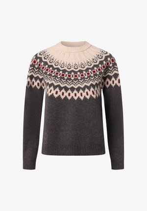 Dark gray knitted sweater with cream, black, and red geometric pattern around yoke and ribbed collar, cuffs, and hem.