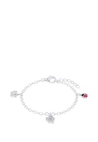 Braccialetto in argento con ciondolo a forma di farfalla, un quadrifoglio decorato con cuori rosa e un ciondolo a forma di coccinella. Chiusura e catena regolabili.
