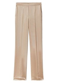 Pantalones anchos de color beige, fabricados en una tela suave y satín con una parte delantera plana, que presentan dos bolsillos laterales y un sutil brillo.