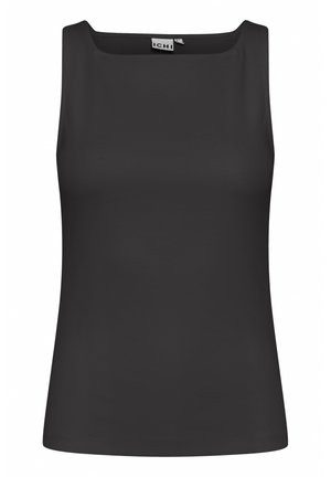 Top senza maniche nero con scollatura quadrata, realizzato in tessuto morbido e elastico. Caratterizzato da un design aderente e orlo dritto.