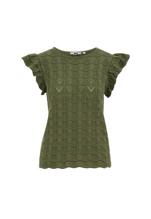 Top verde măsliniu tricotat cu mâneci scurte, margini zimțate și model complicat geometric decupat.