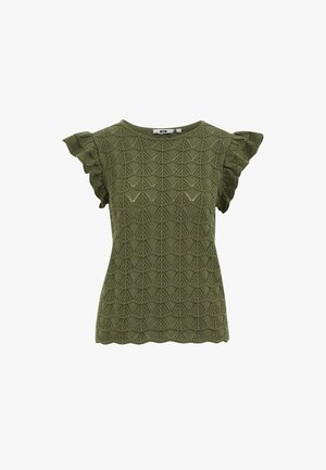 Olivengroen gebreide top met korte mouwen, gegolfde randen en een ingewikkeld geometrisch openwerkpatroon.