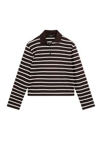 Polo a maniche lunghe marrone e bianco a righe, con colletto e chiusura a tre bottoni, realizzato in un tessuto morbido.