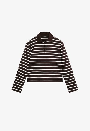 Brązowa i biała w paski koszulka polo z długim rękawem, z kołnierzykiem i trzema guzikami, wykonana z miękkiego materiału.